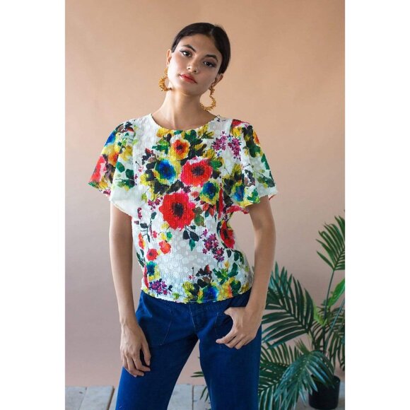 Anthropologie Eva Franco Floral Juniper Flutter Short Sleeves Summer Top Blouse - Picture 1 of 4